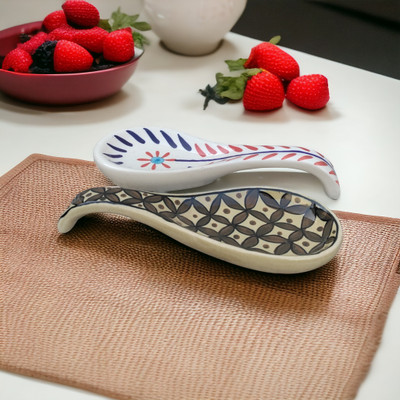 Malaikah Ceramic Gold And Red Leaf Large Spoon Rest Pack of 2 Ceramic Serving Spoon, Measuring Spoon, Soup Spoon, Table Spoon Set(Pack of 2)