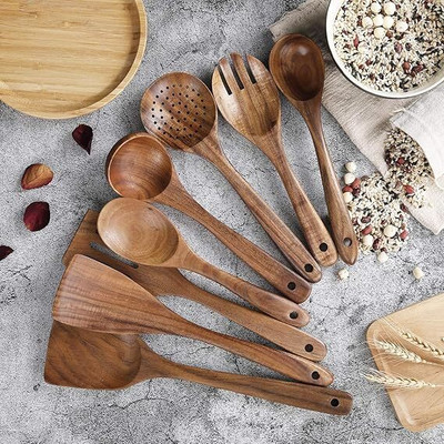 ASenterprises Wooden Serving Spoon, Table Spoon, Measuring Spoon Set(Pack of 8)