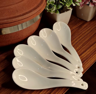 MDNSHO Soup Spoon Set of 6 Pure Ceramic White Color Microwave Safe 15 cm Ceramic Soup Spoon Set(Pack of 6)