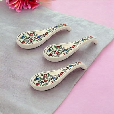 Malaikah Ceramic Spoon Rest Large Multi Pack of 3 Disposable Ceramic Serving Spoon, Measuring Spoon, Soup Spoon, Table Spoon Set(Pack of 3)