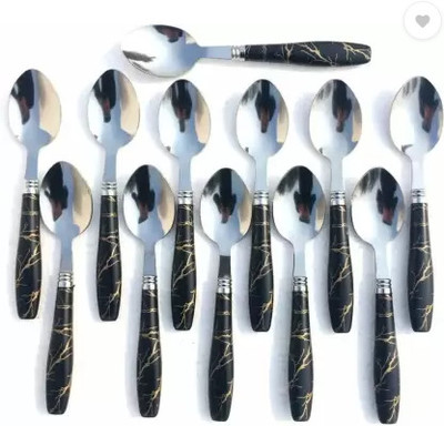 Mohit Steel Spoons Set Dining table Premium Black Marble Ceramic Design Dinner Spoon Stainless Steel, Plastic Table Spoon Set(Pack of 12)