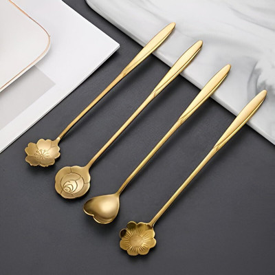 MILICRYSTAL Stainless Steel Gold Plated Flower Design Coffee & Dessert Spoon Set (4 pcs) Stainless Steel Ice-cream Spoon(Pack of 1)
