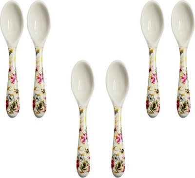 plateorzo Elegant Ceramic Soup Spoon Set – Floral Handle Design Melamine Table Spoon Set(Pack of 6)
