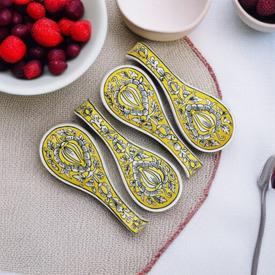 Malaikah Yellow Mughal Print Large Spoon Rest Pack Of 4 Ceramic Table Spoon Set(Pack of 4)