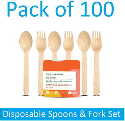 Sauran Pack of 100 Disposable Spoons & Fork Set Wooden Dining Flatware (DGS1.86) Disposable Wooden Table Spoon Set(Pack of 100)