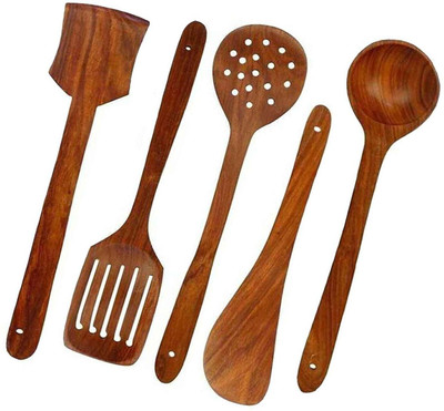Woodykart Wooden Salad Spoon and Spatula Set made from Natural Wood Wooden Salad Spoon, Serving Spoon Set(Pack of 5)