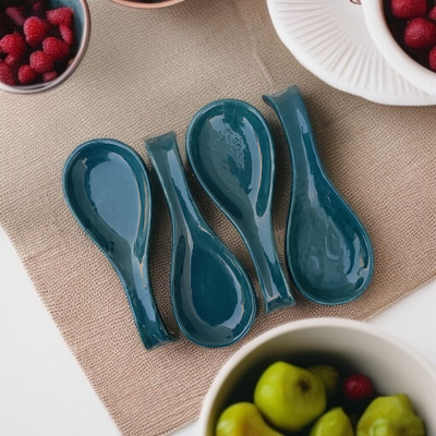 Malaikah Dark Green Zebra Printed Long Spoon Rest Pack Of 4 Ceramic Table Spoon Set(Pack of 4)