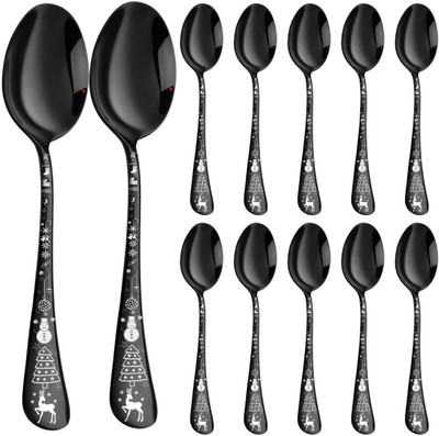 MANISHAWARE Manishaware Festive Etched Black Spoon Set Stainless Steel Table Spoon Set(Pack of 12)