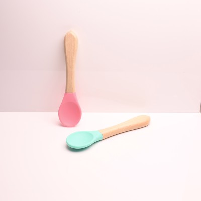 The Little Lookers Silicone Spoon with Bamboo Handle,BPA Free Feeding Spoons for Baby/Kids/Toddlers Silicone, Wooden Table Spoon Set(Pack of 2)