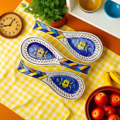 BRI Blue Mustard Floral Handprinted, Handmade, Ceramic Spoon Holder, Spoon Rest, Ceramic Table Spoon Set(Pack of 3)