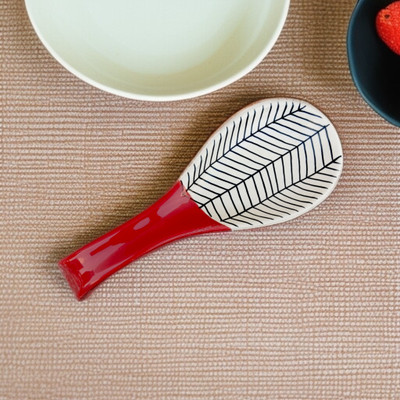 RAFOLEEN Rafoleen Ceramic Red Color Zebra & Solid Print Spoon Rest Pack of 1 Disposable Ceramic Serving Spoon(Pack of 1)