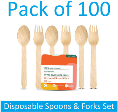 Sauran 100 Pcs Disposable Spoons & Forks Set Wooden Dining Flatware Spoon (DGS1.98) Disposable Wooden Table Spoon Set(Pack of 100)