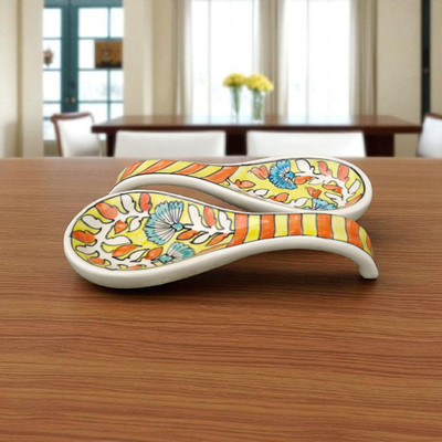 Malaikah Yellow Print Long Spoon Rest Pack Of 2 Ceramic Table Spoon Set(Pack of 2)