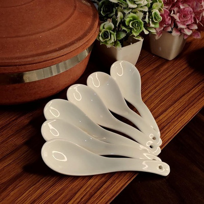 Kriti Traders Ceramic Soup Spoon Set of 6 Pure Ceramic White Color Microwave Safe 15 cm Ceramic Soup Spoon Set(Pack of 6)