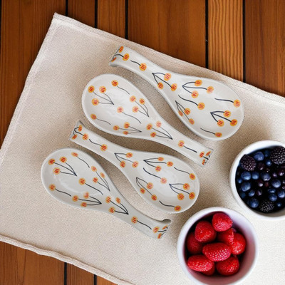 Malaikah White With Yellow Balloon Printed Long Spoon Rest Pack Of 3 Ceramic Tea Spoon Set(Pack of 4)