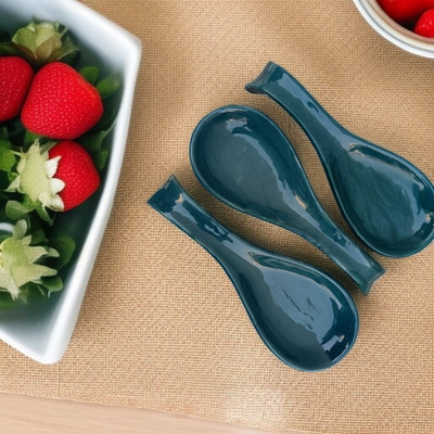 RAFOLEEN Ceramic Teal Green Color Solid Print Spoon Rest Disposable Ceramic Serving Spoon Set(Pack of 3)