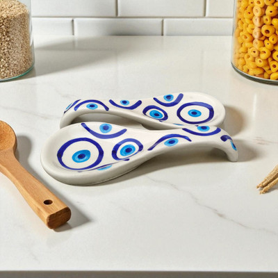Malaikah White With Evil Eye Print Long Spoon Rest Pack Of 2 Ceramic Table Spoon Set(Pack of 2)
