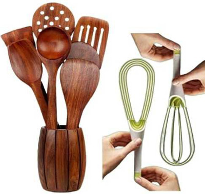 PURCHAZE24X7 Wooden Spoon Set Of 7 With Cutlery Oval Handmade Wood With Foldable Whisk Wooden Serving Spoon, Measuring Spoon Set(Pack of 8)