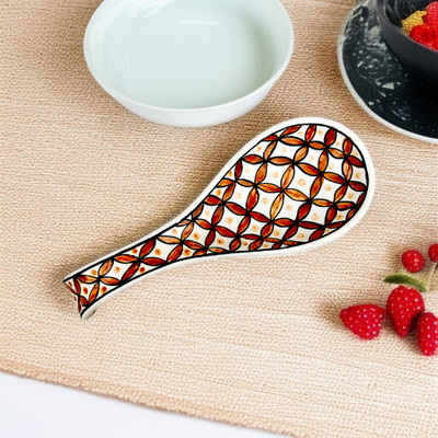 Malaikah White With Gold Printed Large Spoon Rest Pack Of 1 Ceramic Table Spoon(Pack of 1)