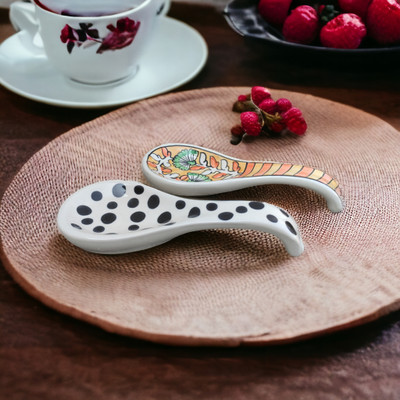 Malaikah Ceramic Orange And Black Polka Large Spoon Rest Pack of 2 Ceramic Serving Spoon, Measuring Spoon, Soup Spoon, Table Spoon Set(Pack of 2)