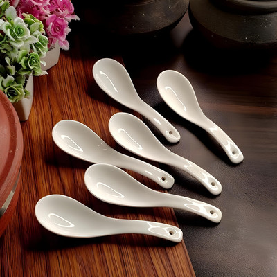 Vemlons Soup Spoons/Soup Spoon Set of 6 Pure Ceramic White Color Microwave Safe Disposable Ceramic Soup Spoon Set(Pack of 6)