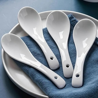 Kriti Traders Ceramic Serving Spoon Long Handled Soup Dessert,Chinese Ceramic Tableware Set Ceramic Serving Spoon Set(Pack of 6)