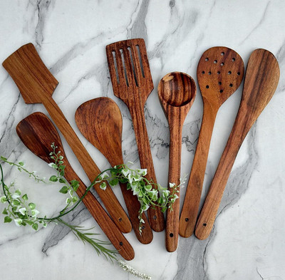 ASenterprises 06 Wooden Serving Spoon, Sugar Spoon, Table Spoon Set(Pack of 7)