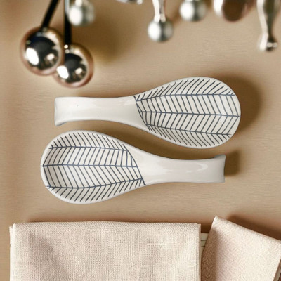 Malaikah White Zig-Zag/Zebra Spoon Rest Pack Of 2 Ceramic Serving Spoon Set(Pack of 2)