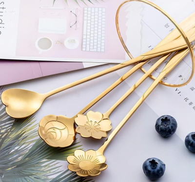YESMALL Set of 4 Stainless Steel Gold-Plated Flower Design Coffee & Dessert Spoons Stainless Steel Ice-cream Spoon(Pack of 1)