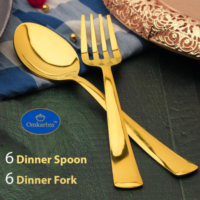 Omkarixa Stainless Steel Golden Spoon & Fork Set for Home & Kitchen Stainless Steel Table Spoon Set(Pack of 12)
