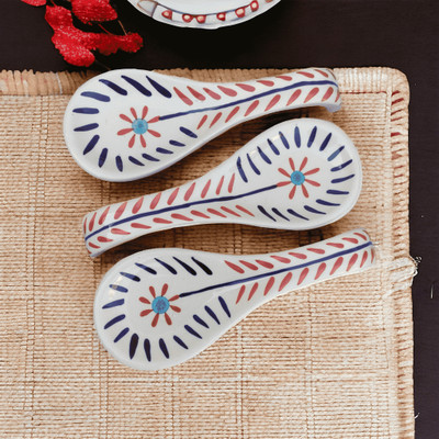 Malaikah Red Leaf Print Long Spoon Rest Pack Of 3 Ceramic Table Spoon Set(Pack of 3)