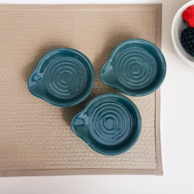 RAFOLEEN Ceramic Teal Green Color Solid Print Spoon Rest Disposable Ceramic Serving Spoon Set(Pack of 3)