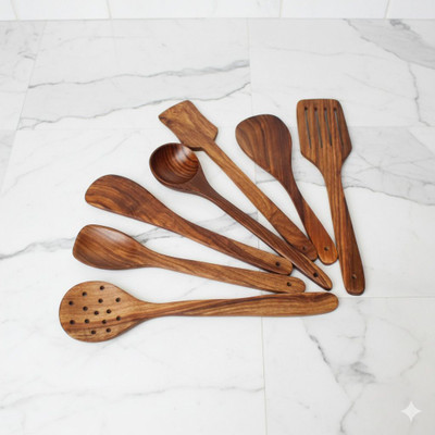 ASENTERPRISESR Wood Brown Spoons Kitchen Utensil (Set of-7) Wooden Table Spoon Set(Pack of 7)