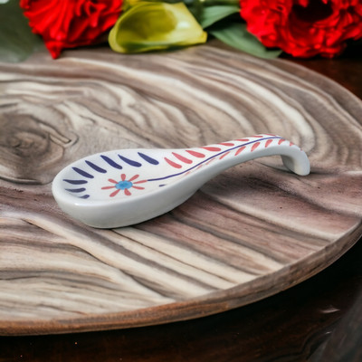 Malaikah Ceramic Spoon Rest Red Leaf Print Pack Of 1 Ceramic Serving Spoon, Measuring Spoon, Soup Spoon, Table Spoon(Pack of 1)