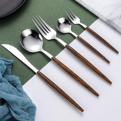 Dweloric Stainless Steel Wood Handle Tableware Set,Imitation Easy Grip Wooden Handle Stainless Steel Serving Spoon Set(Pack of 5)