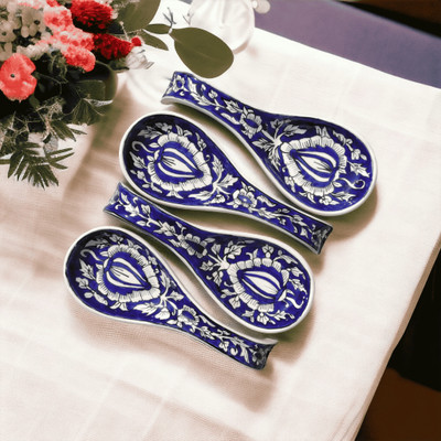 Malaikah Blue Mughal Print Long Spoon Rest Pack Of 4 Ceramic Table Spoon Set(Pack of 4)