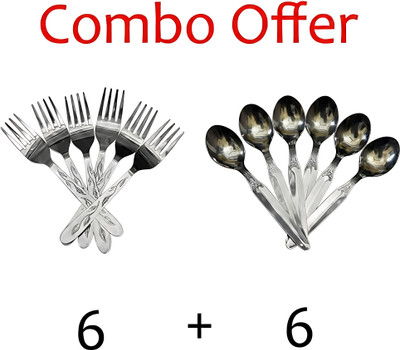 Sakyastars Stainless Steel Spoon & Fork Set (Combo Pack of 12) Stainless Steel Table Spoon, Tea Spoon, Cream Spoon, Dessert Spoon, Salad Spoon, Sugar Spoon, Ice Tea Spoon Set(Pack of 12)