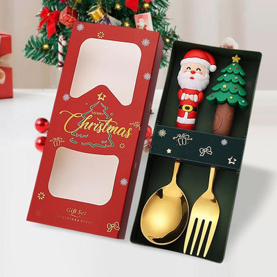 AAHANS SHOPPE Xmas Stainless Steel Gold Plated Spoon & Fork Santa and Tree Handle 2Pc Gift Box Stainless Steel Table Spoon Set(Pack of 2)