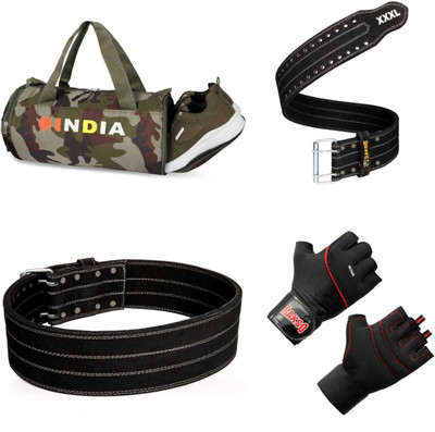 Rakso SPORTS DUFFEL GYM BAG WITH BAG leather WEIGHT LIFTING BELT xl glove COMBO(Kit Bag)