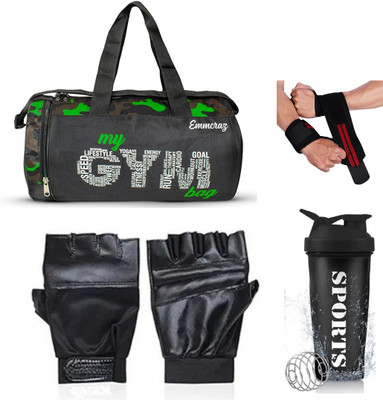 EMMCRAZ my green gym bag with spider protein shaker with gym gloves and wrist support(Multicolor, Kit Bag)