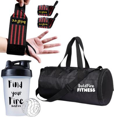 BoldFire Black GYM Bag with Shoes Compartment, GYM Shaker & GYM Wrist Band(Pack of 3)(Black, Kit Bag)