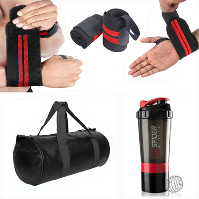 TRUE INDIAN Combo of Gym Bag body building, shaker Bottle & Wrist Band Gym & Fitness Kit(Black, Kit Bag)