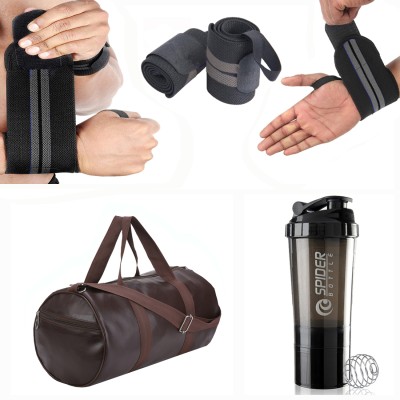 TRUE INDIAN Combo of Gym Bag body building, shaker Bottle & Wrist Band Gym & Fitness Kit(Black, Kit Bag)