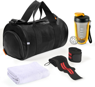 Heart Home Ultimate Gym Bag, Water Bottle/Shaker, Face/Hand Towel, 2 Wrist Bands | Black(Black, Kit Bag)