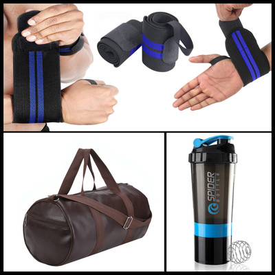 TRUE INDIAN Combo of Gym Bag body building, shaker Bottle & Wrist Band Gym & Fitness Kit(Black, Kit Bag)