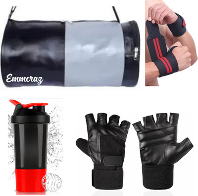 EMMCRAZ BLACK & GREY GYM BAG WITH BOTTLE , GLOVES AND WRIST SUPPORT(Grey, Dry Bag)