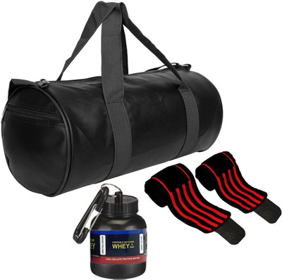 NEPROCK Combo Set of Duffel Bag with Wrist Support Band With Whey Supplement Container(Black, Messenger Bag)