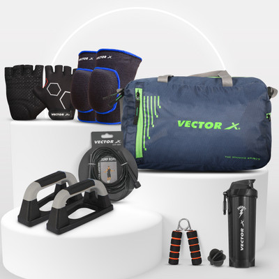 VECTOR X Gym Bag, Shaker, Pushup Bar, Skipping Rope, Hand Grip, Gym Gloves, Knee Support Home Gym Combo