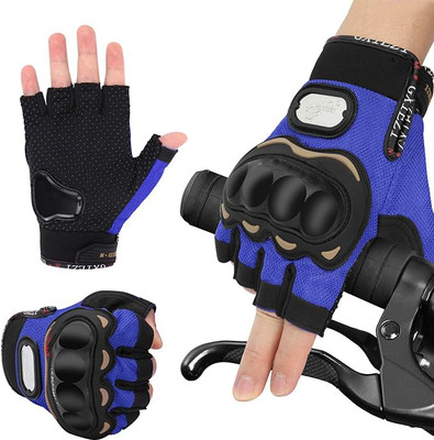 FUEZONE Motorcycle Half Finger Breathable Protective HardKnuckle Outdoor Tactical Sport Riding Gloves(Blue, Black)