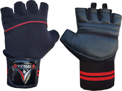 VICTORY Ninja - Fully Leather Gym Gloves for Men & Women With Wrist support Gym & Fitness Gloves(Black)